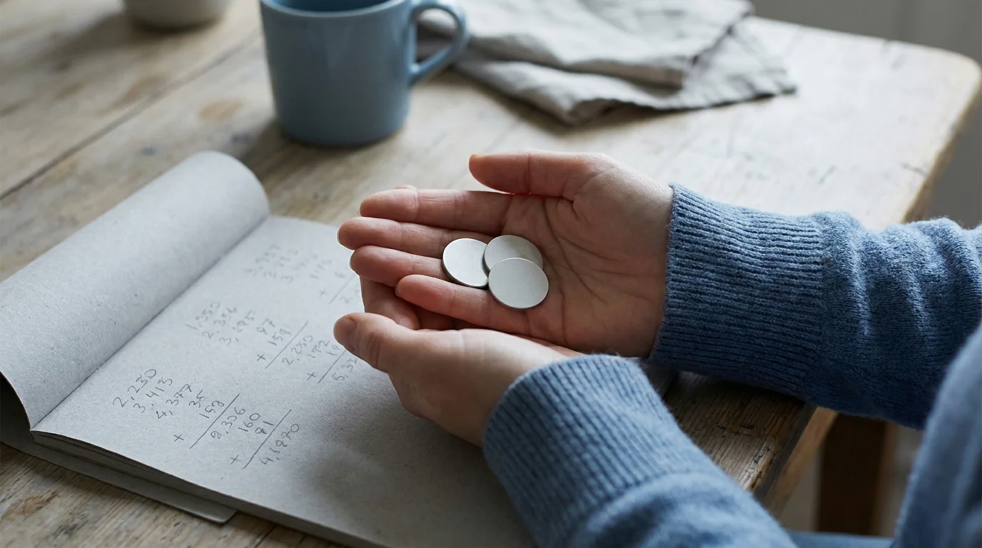 Hände halten drei kleine Symbol-Chips ohne Nennwert vor einem Notizblock mit Bonusberechnungen