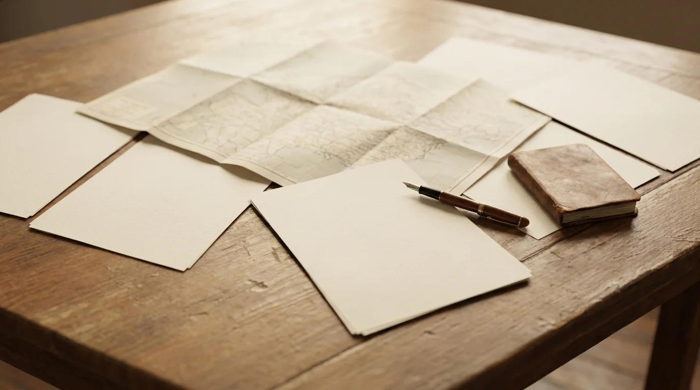 Übersichtsblatt mit Anbieterlogos-Silhouetten und einer aufgeklappten Karte auf einem Holztisch
