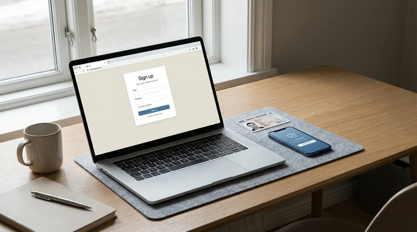 Laptop mit offenem Anmeldeformular auf einem aufgeräumten Schreibtisch, daneben ein Ausweis und Smartphone mit Verifizierungs-App