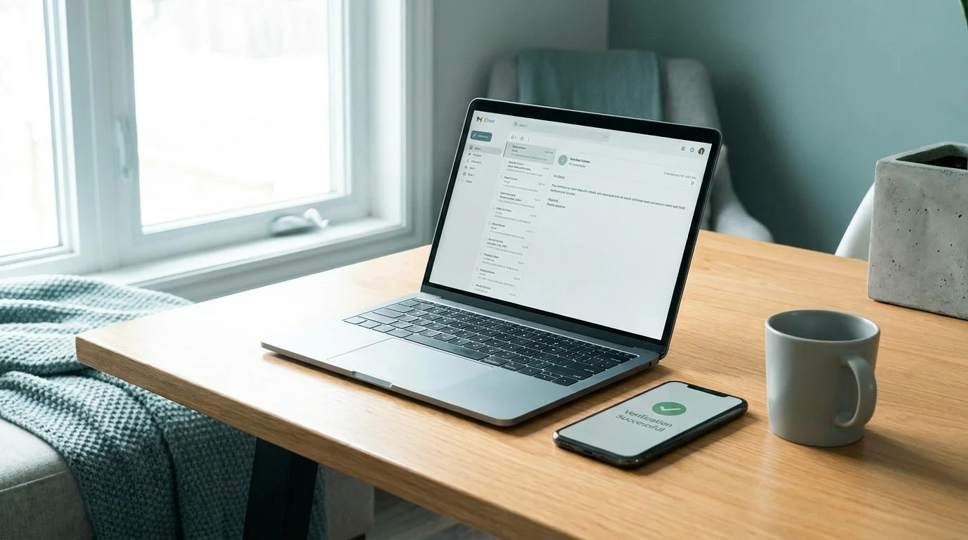 E-Wallet-App auf einem Smartphone neben einem Laptop mit Bestätigungsmail