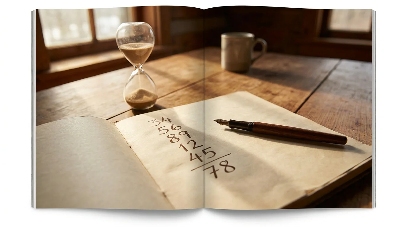 Notizbuch mit handschriftlicher Rechnung zum Monatsbudget und einer Sanduhr daneben