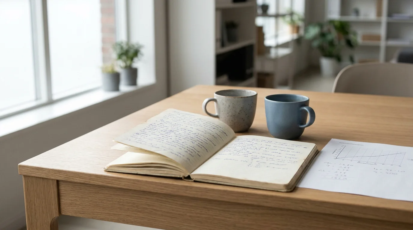 Schreibtisch mit aufgeschlagenem Notizbuch und zwei Kaffeetassen, neutrales Tageslicht, ein Ausdruck mit Notizen zu Cashback-Quoten liegt sichtbar daneben