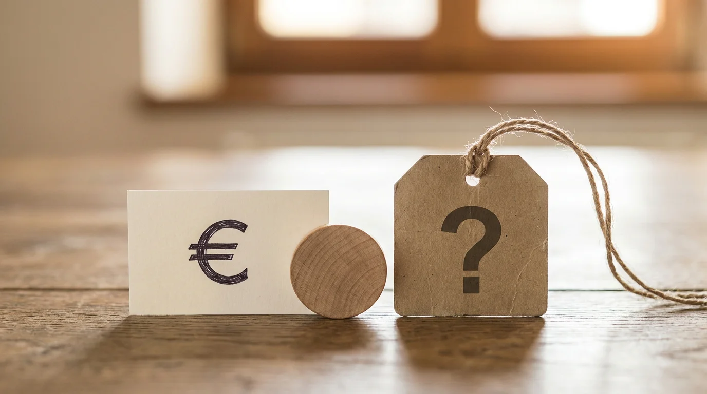 Symbolischer Stapel von Spielchips und Münzen neben einem Preisschild mit Fragezeichen