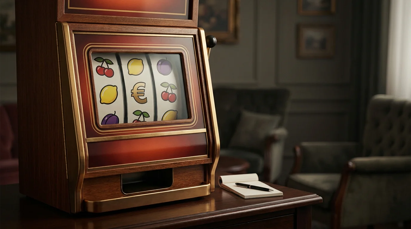 Spielautomat mit neutralen Fruchtsymbolen auf dem Bildschirm, ohne erkennbares Branding