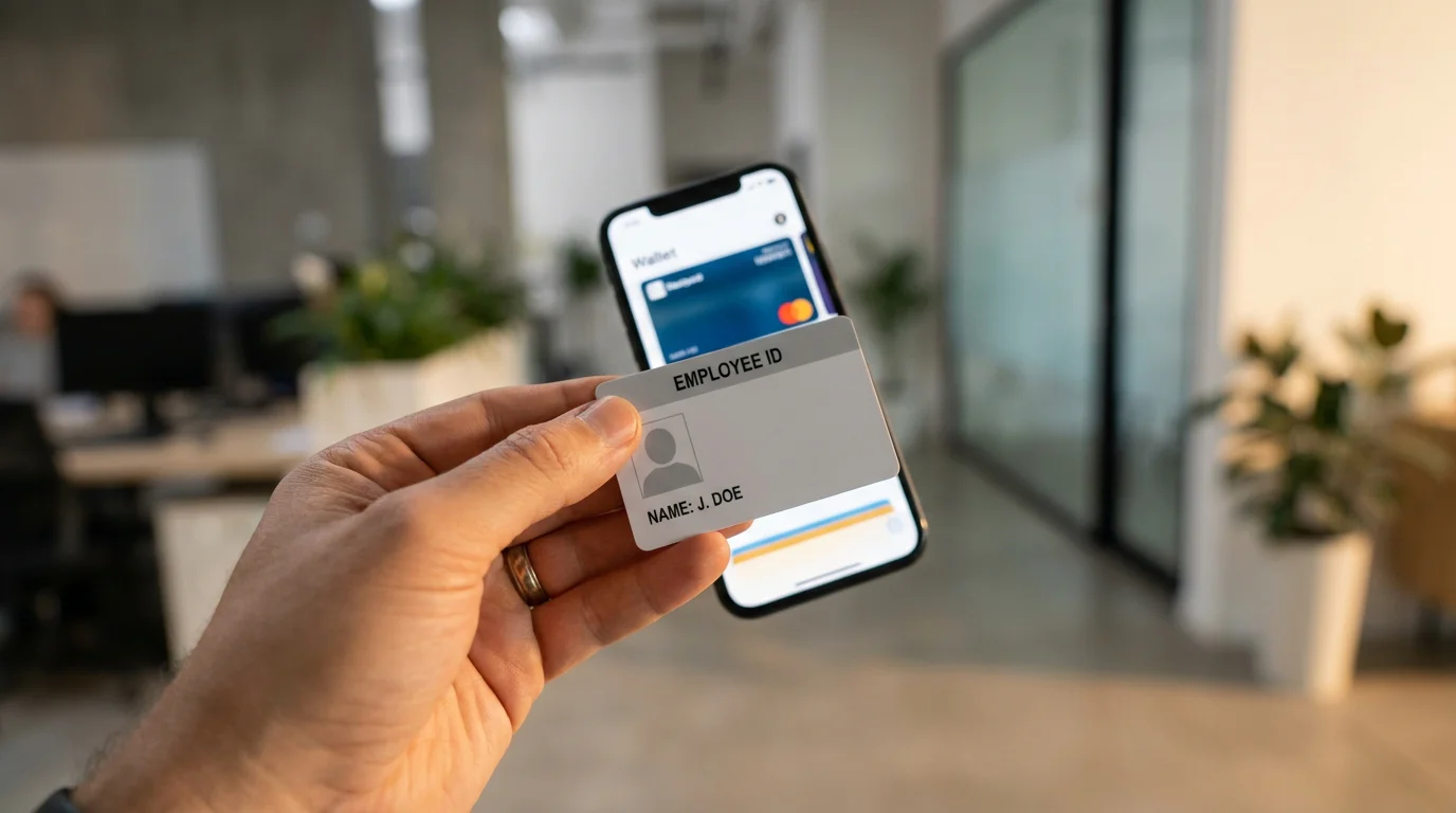 Nahaufnahme einer Hand, die einen Ausweis auf einem Smartphone scannt