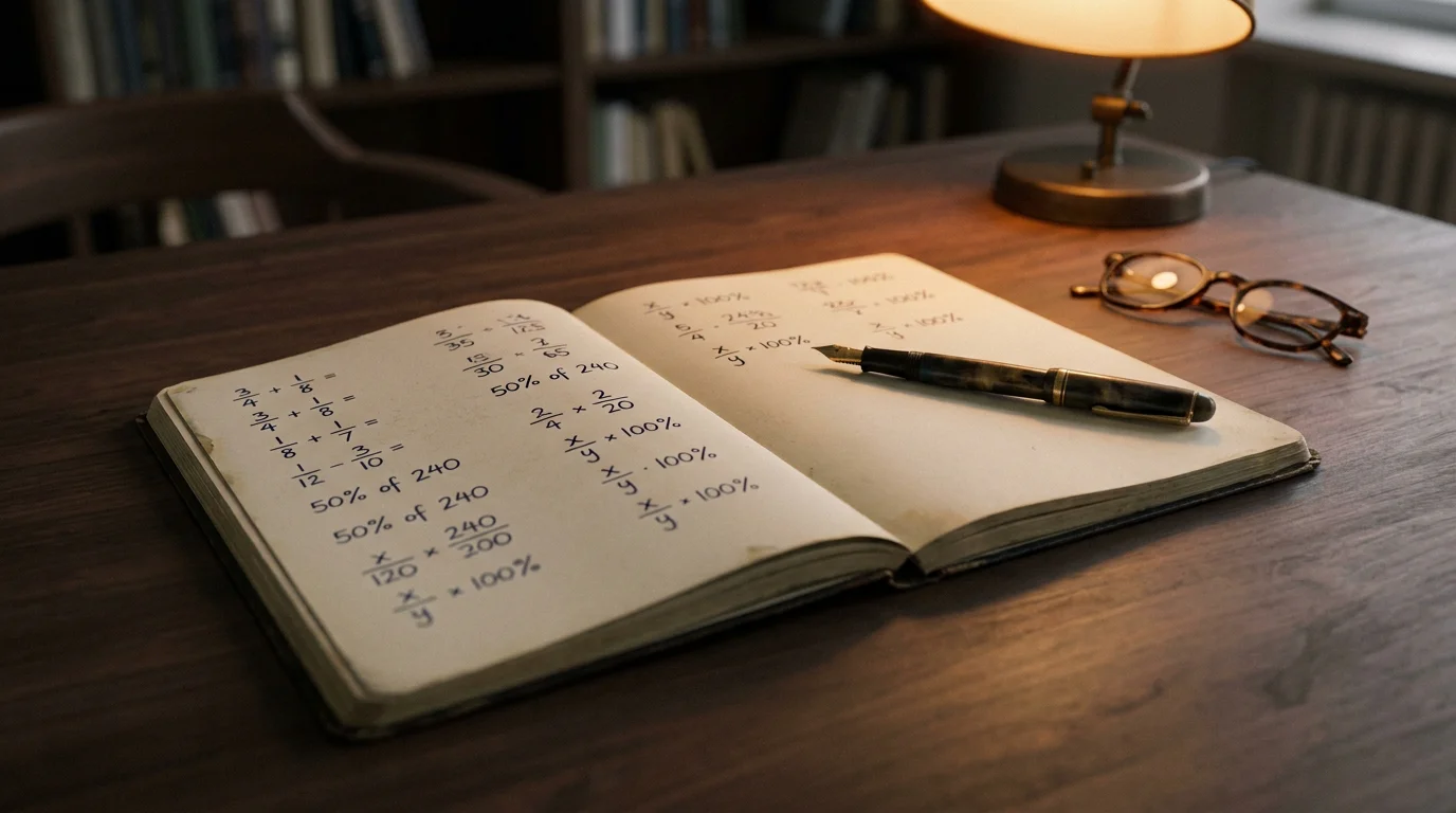 Aufgeschlagenes Notizbuch mit handschriftlichen Umsatzbedingungen und Stift auf dunklem Tisch