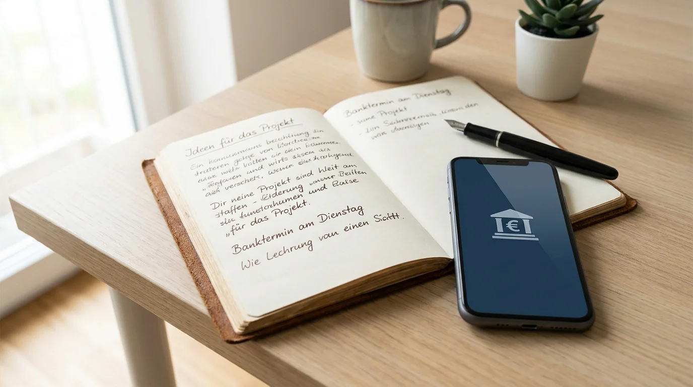 Notizbuch mit handschriftlichem Eintrag zu Bonusarten auf einem hellen Schreibtisch, daneben ein Smartphone mit neutralem Banking-Icon