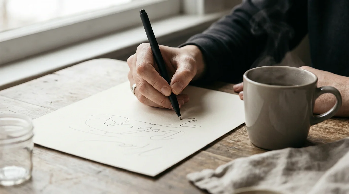 Hand mit Stift auf Papier bei der Berechnung von Bonusbedingungen