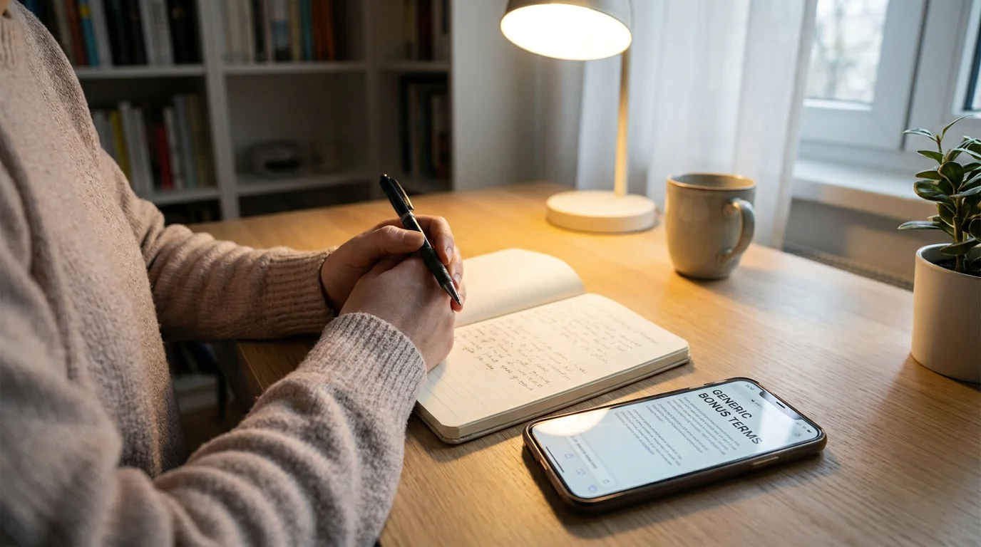 Person mit Notizbuch und Stift am Schreibtisch, daneben ein Smartphone mit Casino-Bonusbedingungen