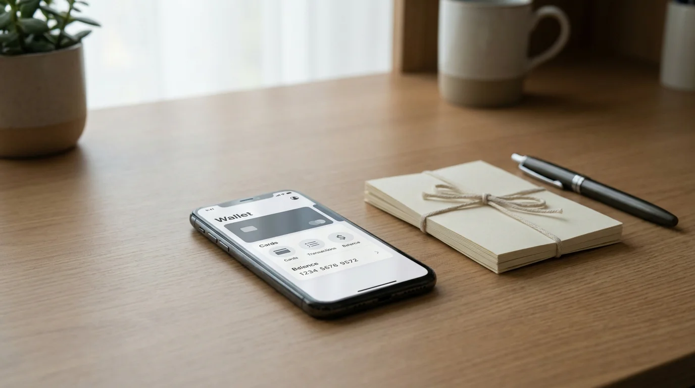 Nahaufnahme eines Smartphones mit Wallet-Oberfläche ohne erkennbares Markenlogo, daneben ein Stapel Dokumente und ein Kugelschreiber, neutrales Licht