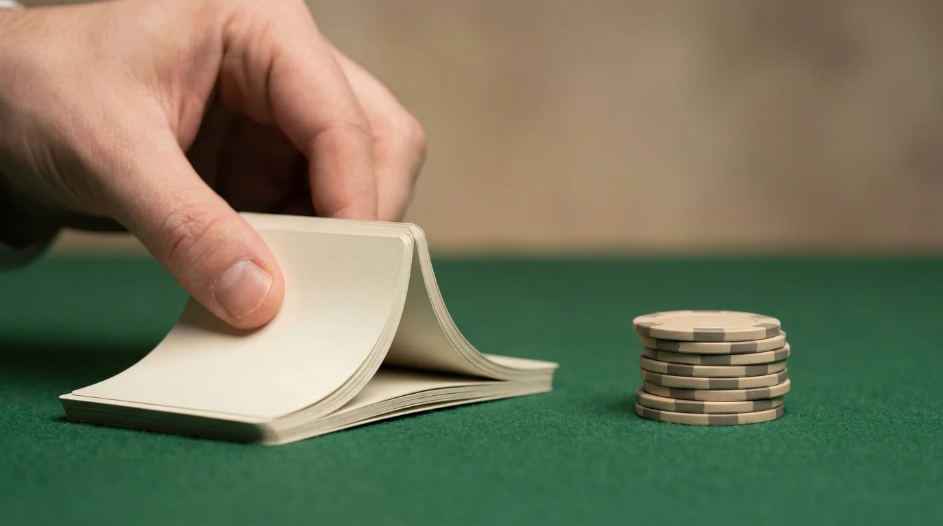 Eine Hand, die Spielkarten aus einem neutralen Kartenspiel mischt, dazu Roulette-Chips ohne Nennwert, Studio-Licht, keine Markenzeichen