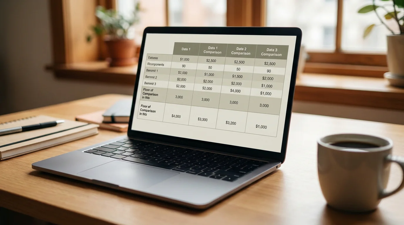 Vergleichstabelle von Online-Casino-Anbietern auf einem neutralen Laptop-Bildschirm im Büro