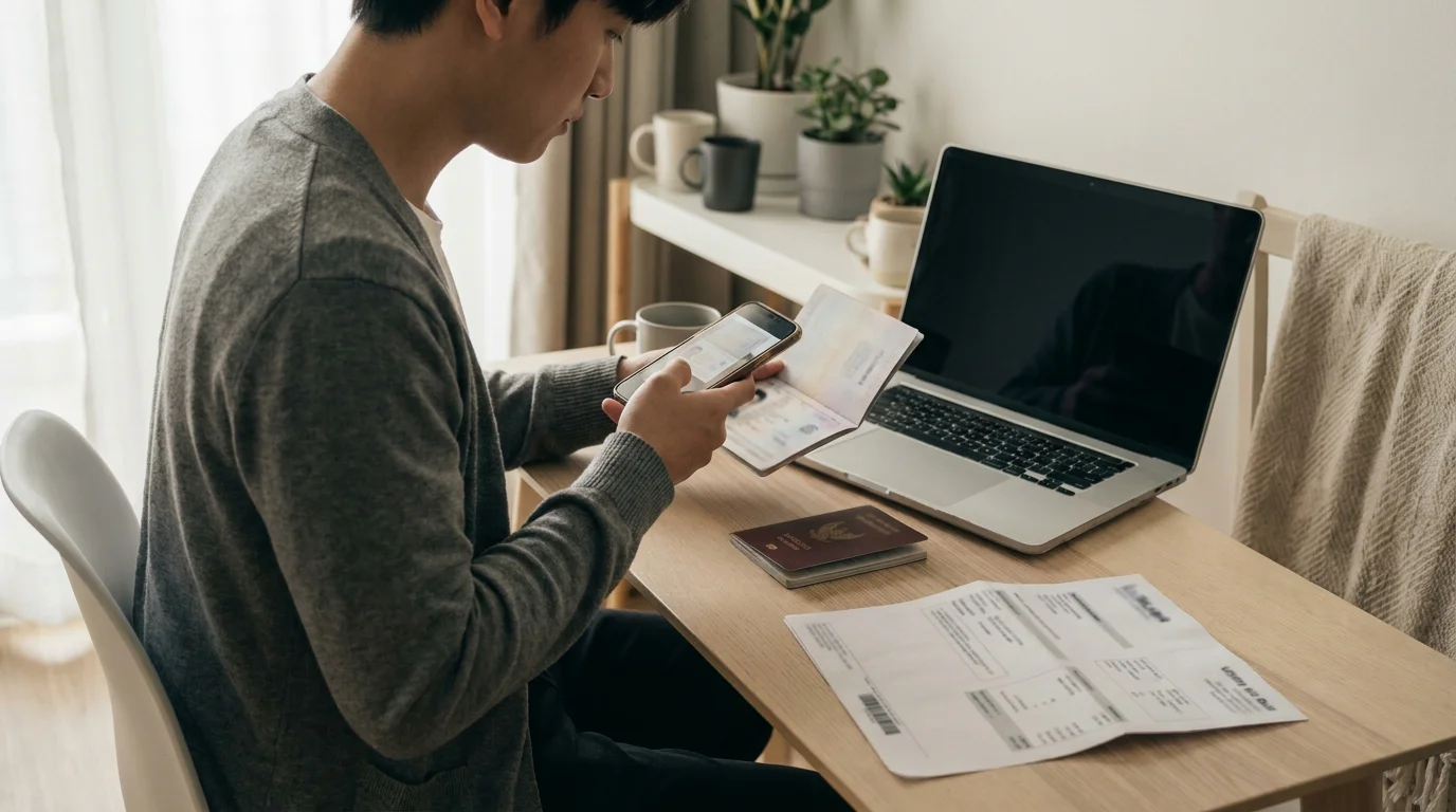 Person am Laptop mit Smartphone für KYC-Verifizierung