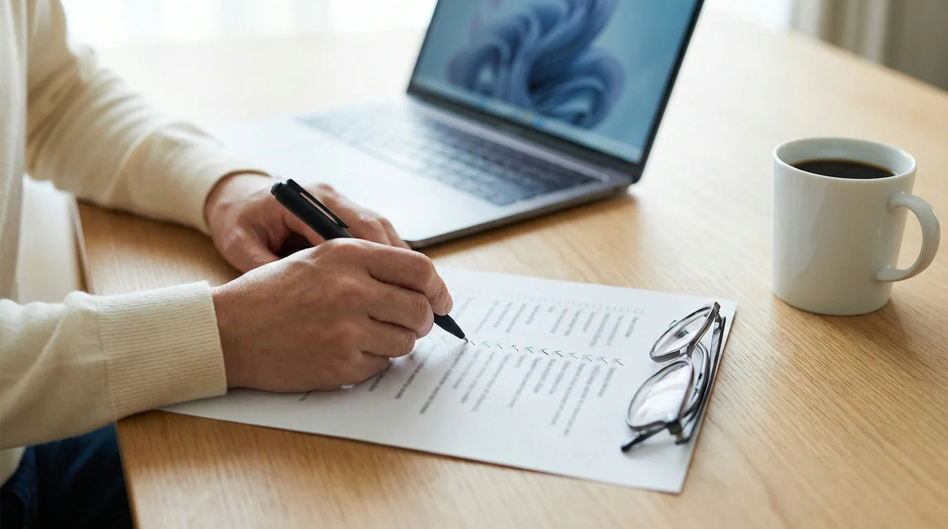 Handschriftliche Checkliste zum Casino-Test auf einem Schreibtisch neben einem Laptop