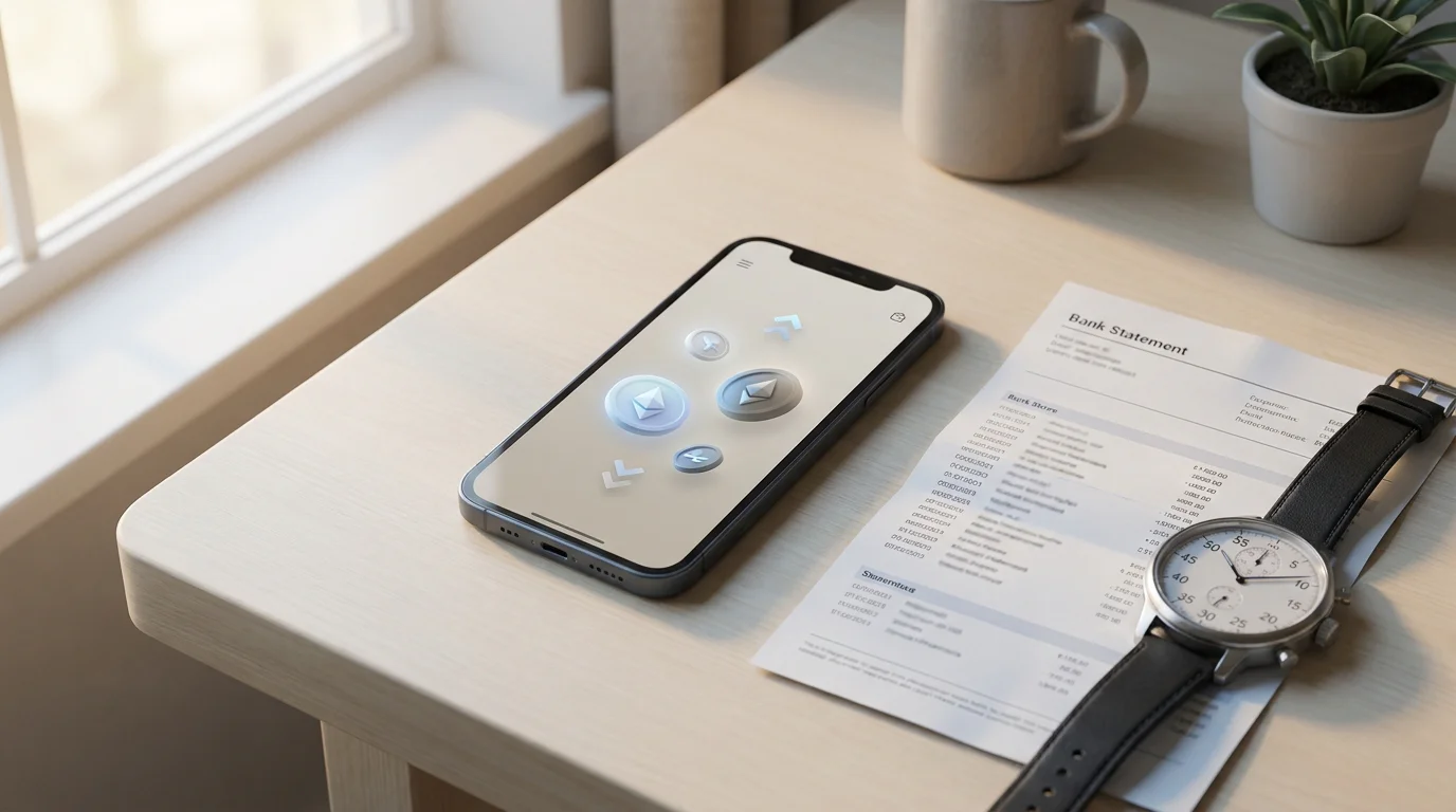 Smartphone mit geöffneter Krypto-Wallet und Fiat-Kontoauszug für die Auszahlung von Casino-Gewinnen
