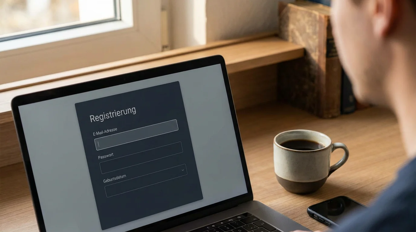 Laptop-Bildschirm mit teilweise ausgefülltem Registrierungsformular für ein Online-Casino und einer Kaffeetasse daneben