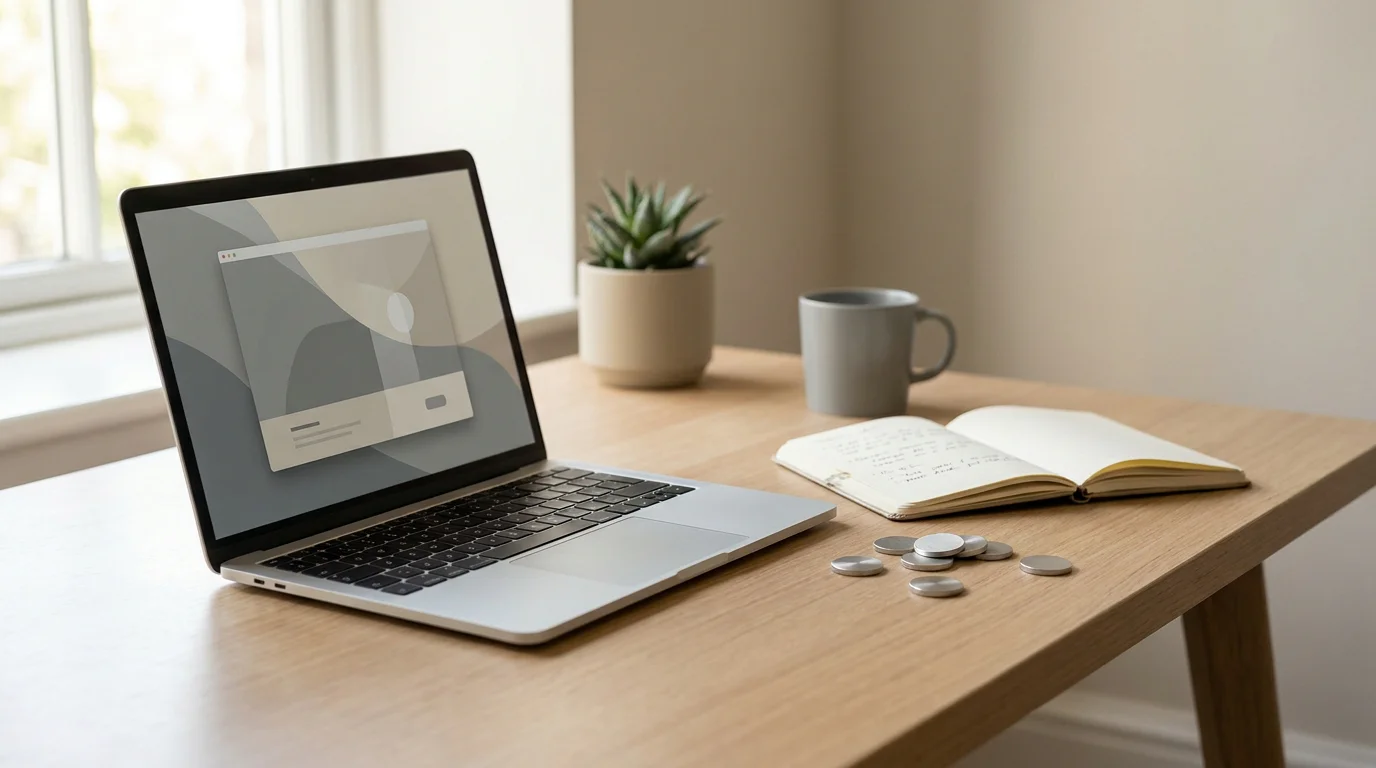 Schreibtisch mit Laptop, Notizblock und Münzen als Symbol für kleine Einsätze in einer deutschen Online-Spielothek