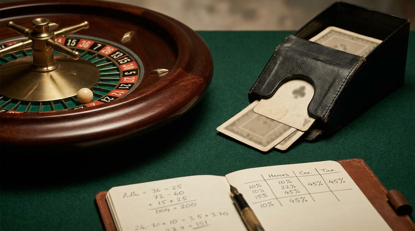 Roulette-Kessel neben einem Blackjack-Kartenschuh und einem aufgeklappten Notizbuch mit RTP-Werten