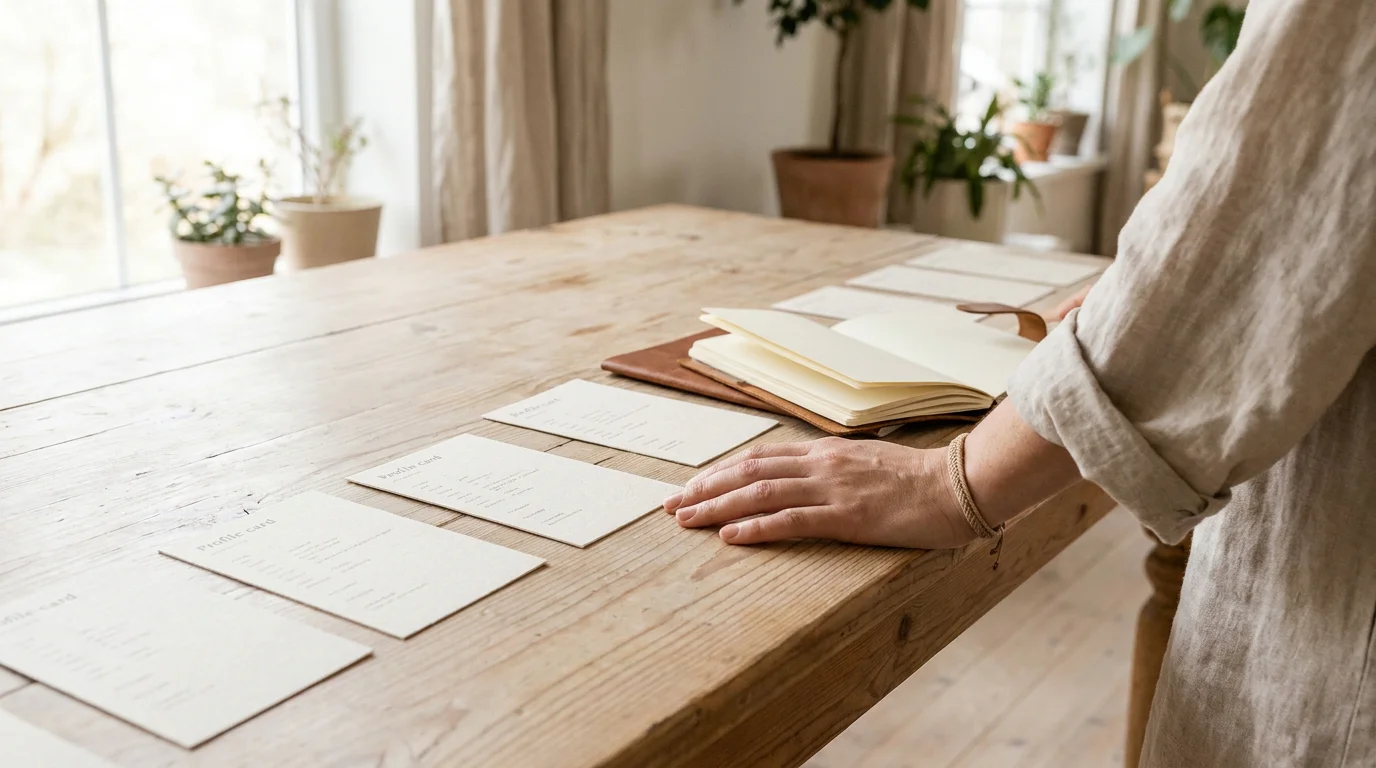 Handschriftlich sortierte Anbieterprofile auf einem hellen Holztisch mit Notebook