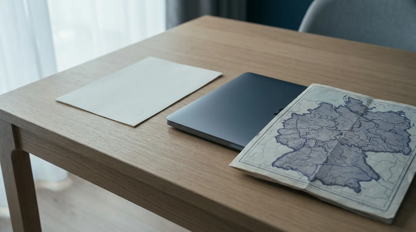 Neutrales Lizenzdokument neben Laptop und deutscher Landkarte