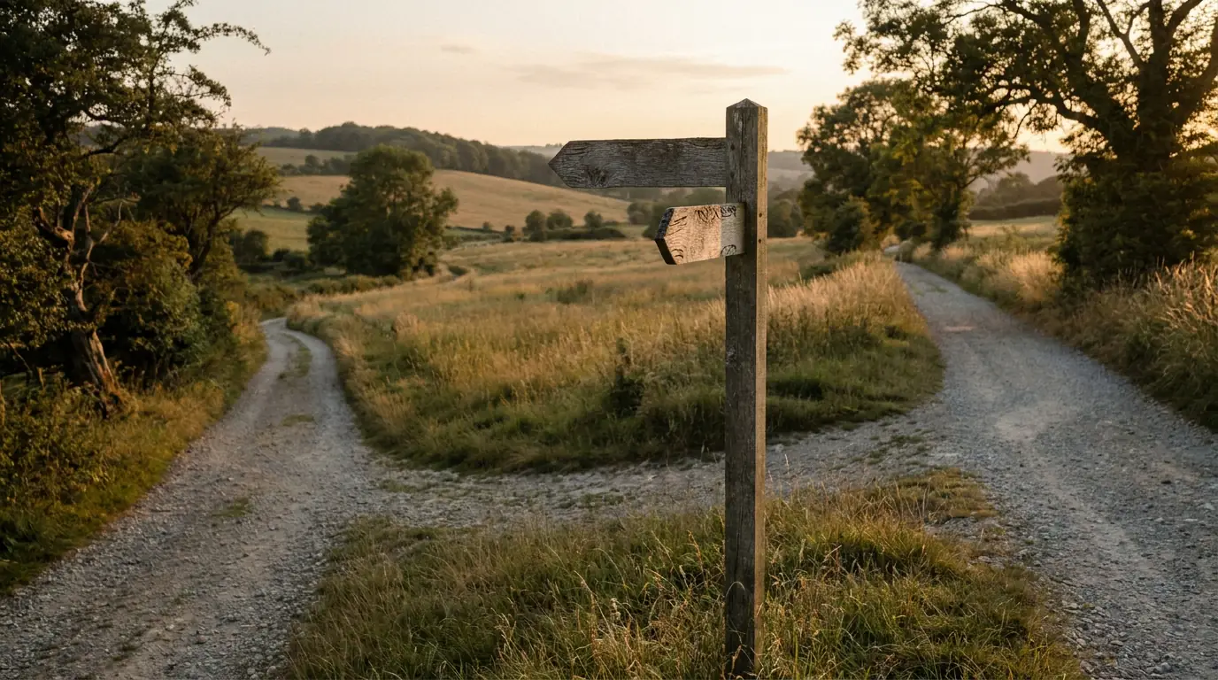 Stille Szene mit zwei Wegen auf einem Wegweiser