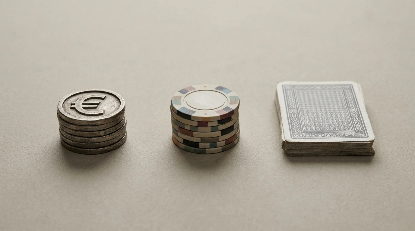 Drei Münzstapel mit Euro-Symbol, daneben ein Stapel Spielchips und ein Stapel Spielkarten