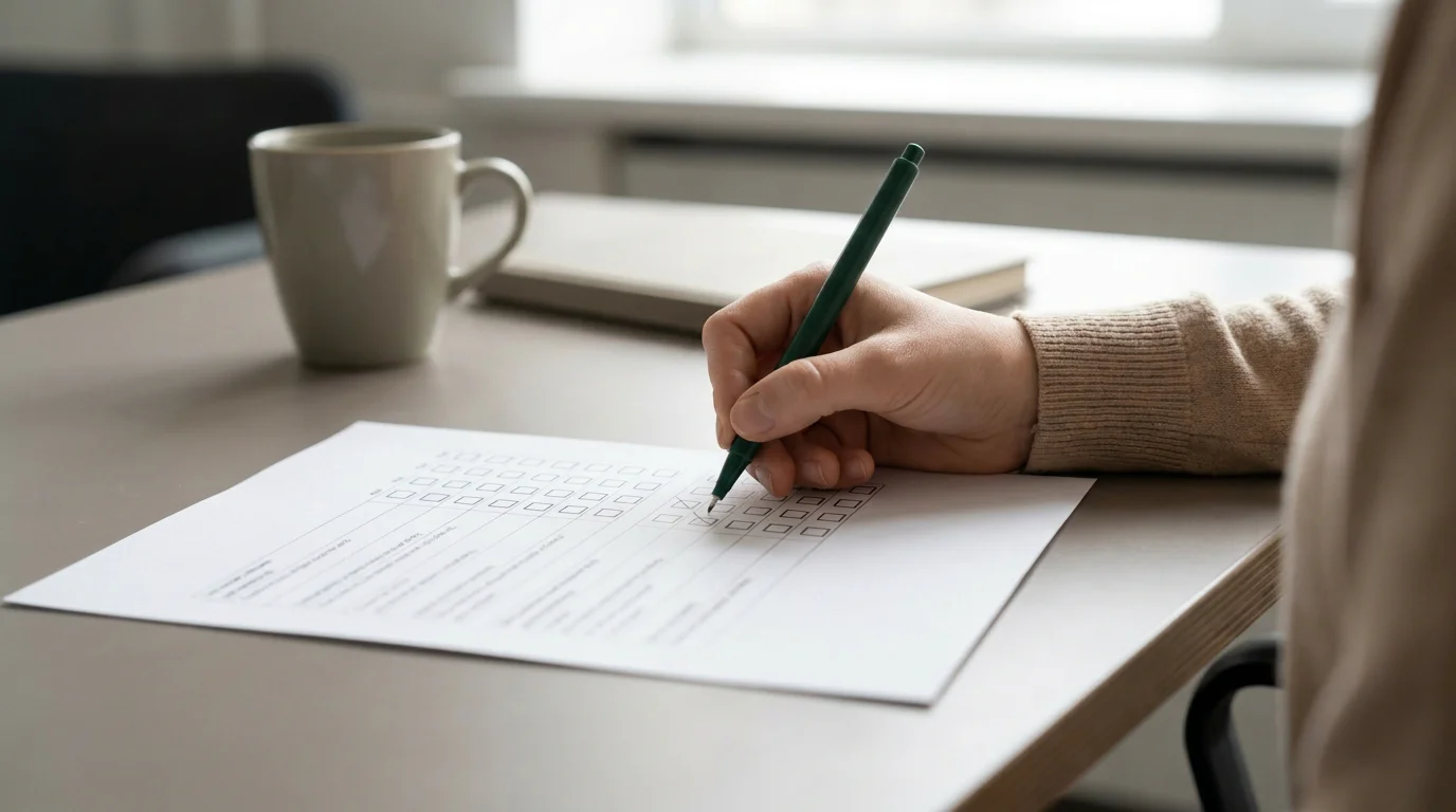 Über die Schulter fotografierte Hand mit grünem Stift und ausgedruckter Kriterienliste