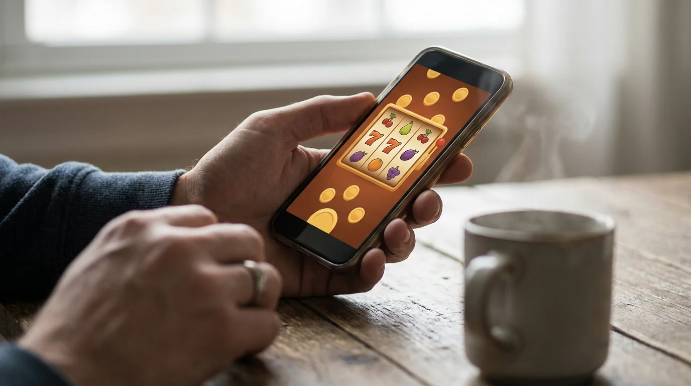 Smartphone mit Casino-App und Kaffeetasse auf Holztisch