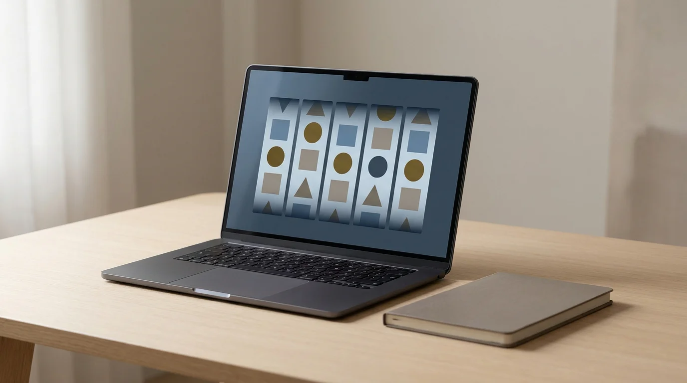 Laptop mit stilisierten Spielautomaten-Walzen als Illustration der Slot-Auswahl