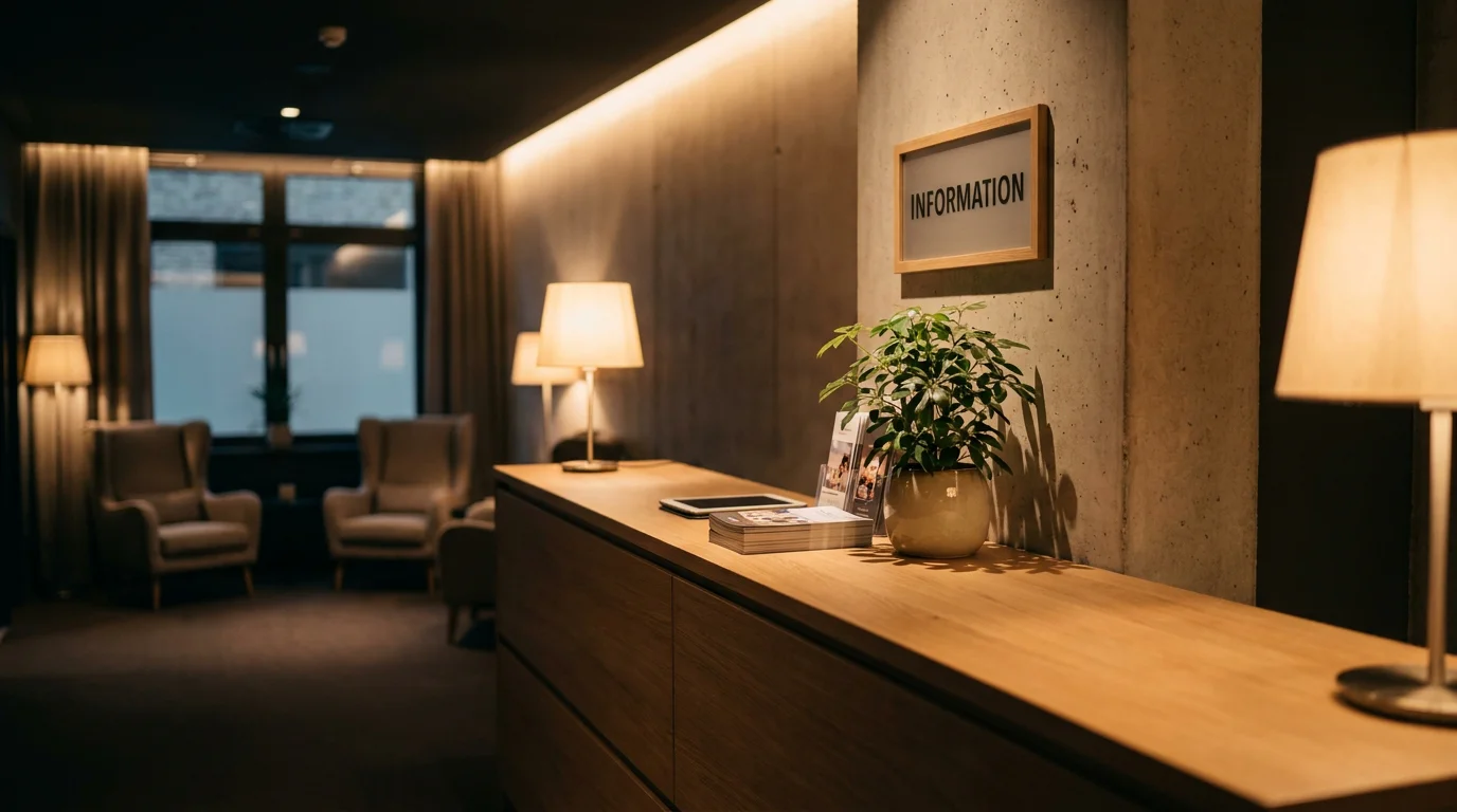 Ordentlicher Empfangstresen in einem deutschen Spielothek-Foyer mit zurückhaltender Beleuchtung und einem Logo-abstrahierten Schild an der Wand, kein erkennbares Markenzeichen