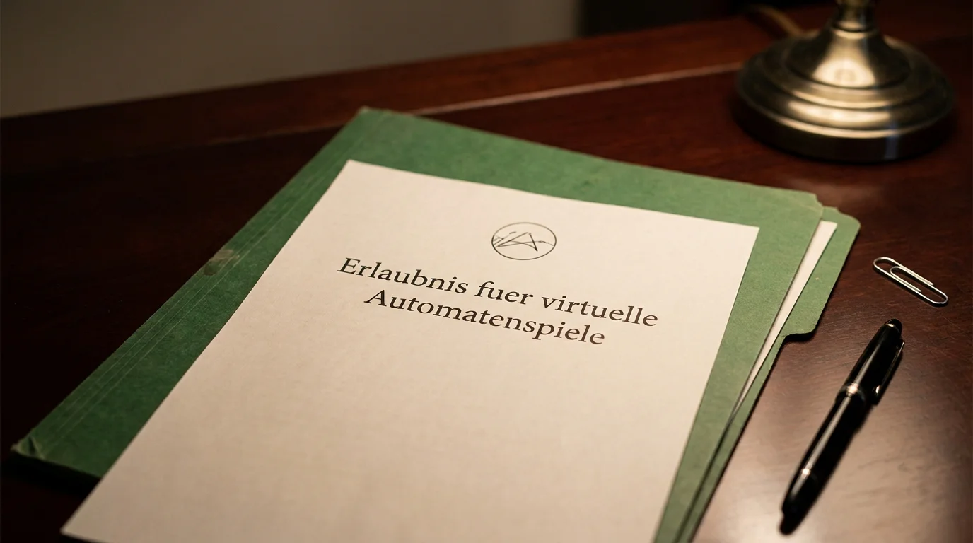 Amtliche Urkunde mit deutschem Adler und dem Titel Erlaubnis für virtuelle Automatenspiele auf einem Aktenordner