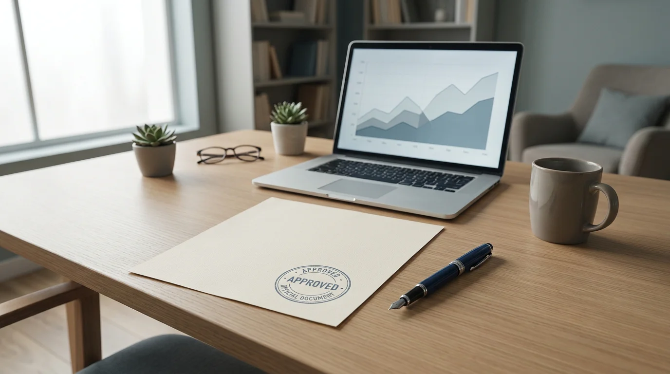 Aufgeräumter Schreibtisch mit einem gestempelten regulatorischen Dokument und einem Notebook