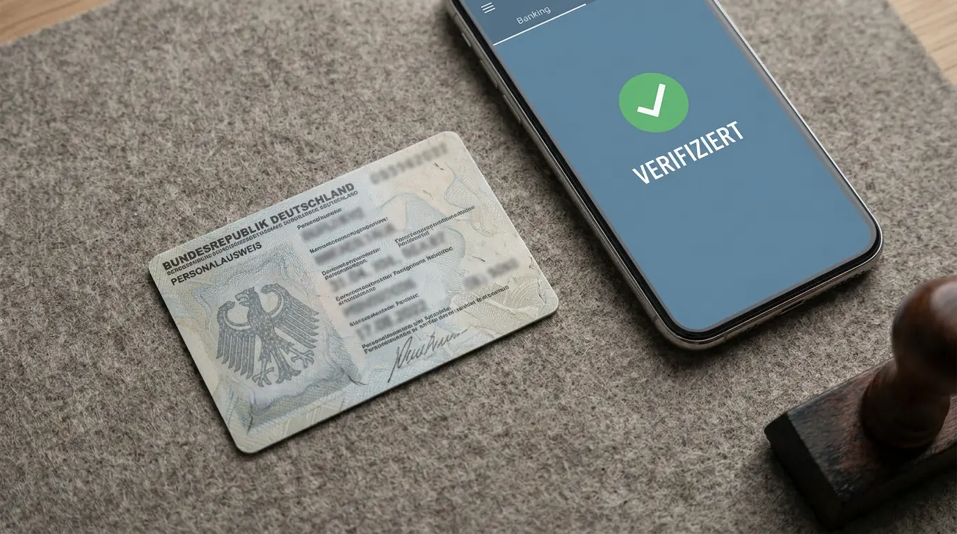 Nahaufnahme eines deutschen Personalausweises neben einem Smartphone mit einer Banking-App und einem Stempel, der die Verifikation symbolisiert