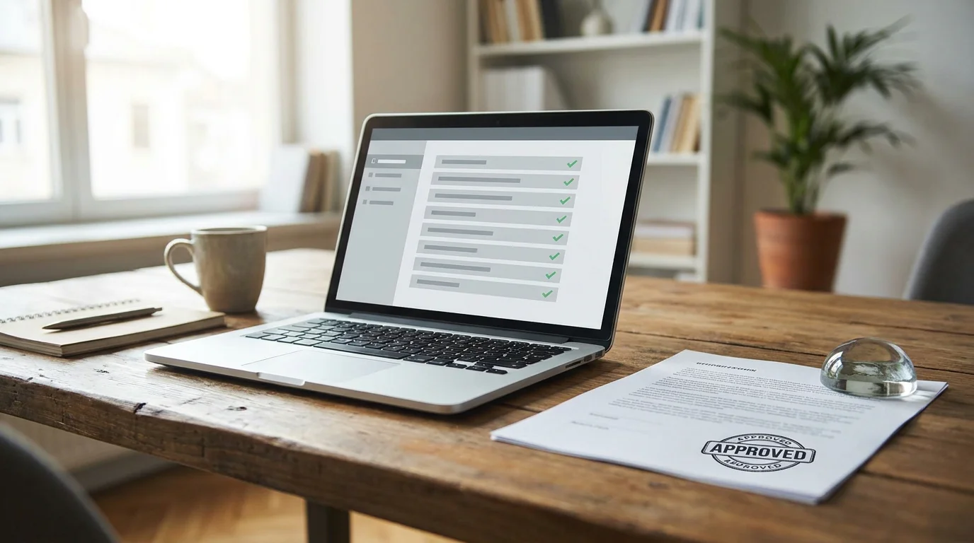Schreibtisch mit Laptop und offenem Browser — GGL-Whitelist-Seite mit lizenzierten deutschen Spielotheken
