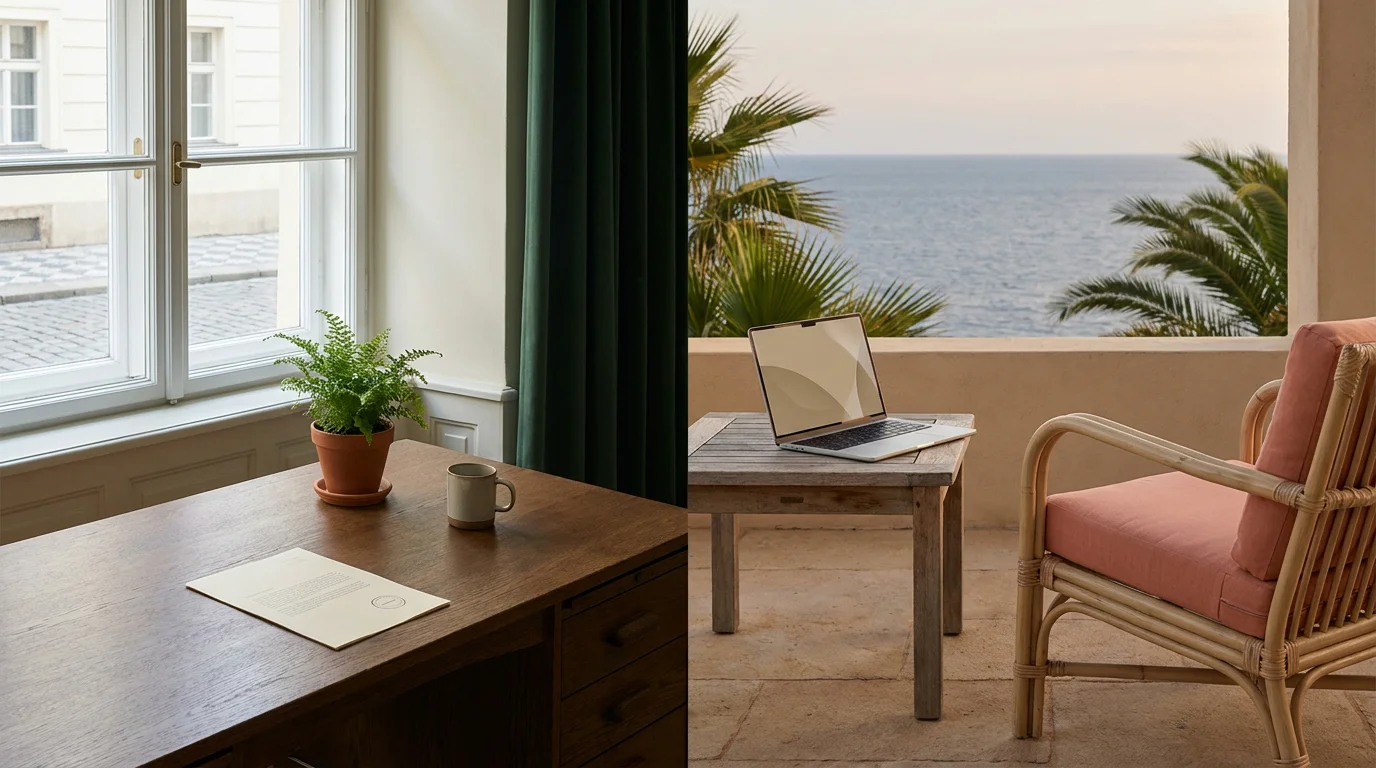 Zweigeteilte Szene mit europäischem Büro links und karibischer Veranda mit Laptop rechts