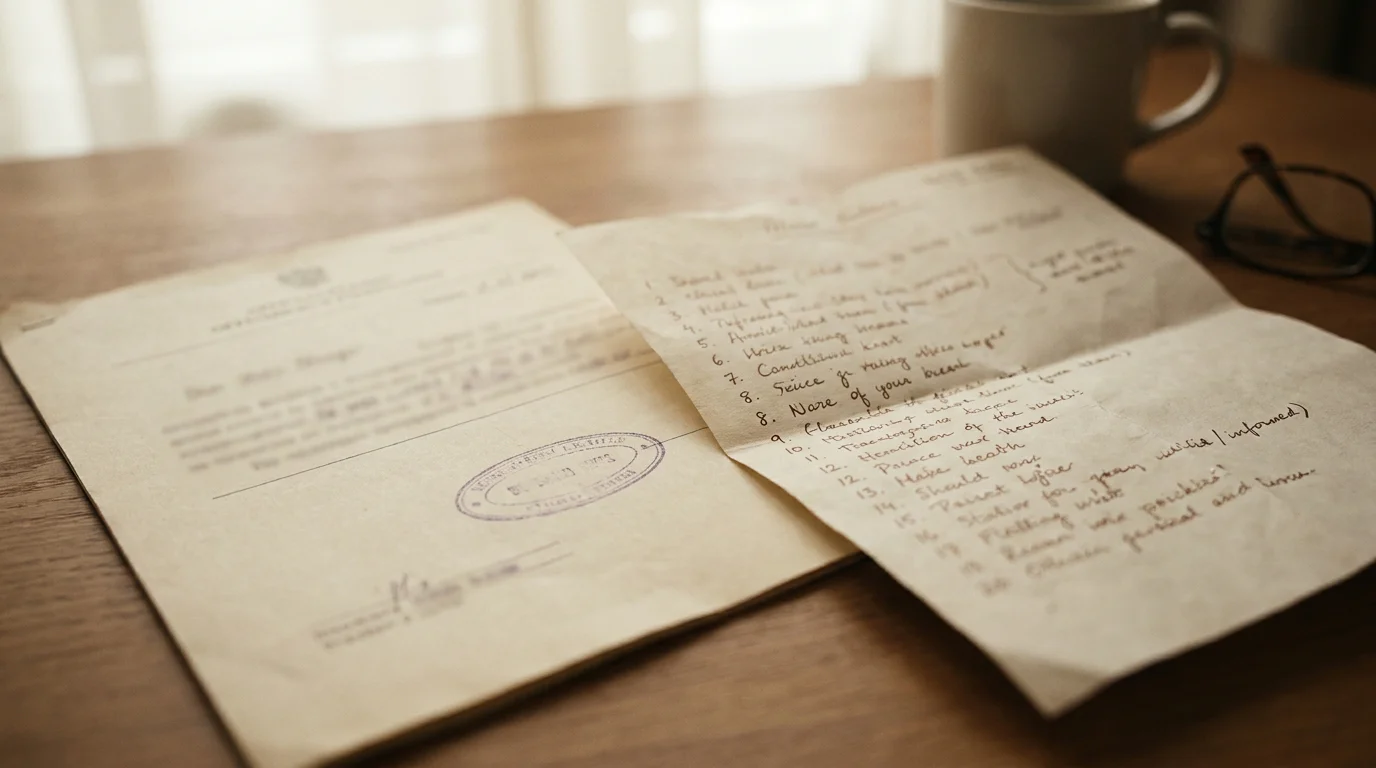 Nahaufnahme eines offiziellen Dokuments mit Stempel und ein Ausweis daneben, neutraler Hintergrund