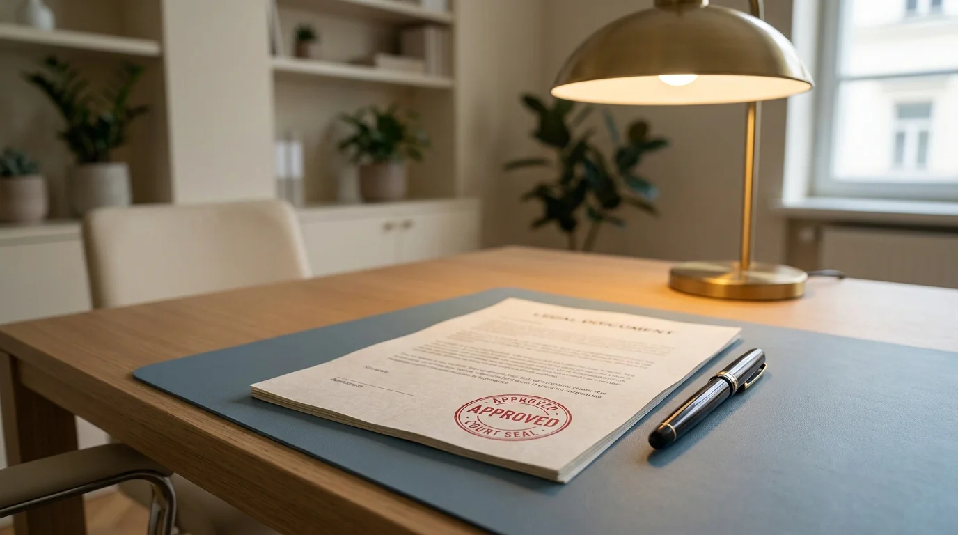 Offizielles Dokument mit Stempel auf einem Schreibtisch unter Bürolicht