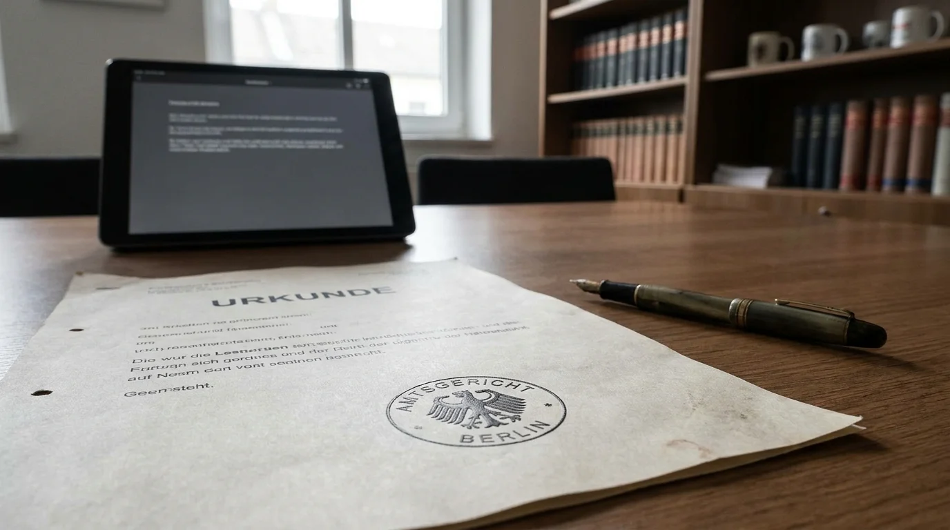 Deutsches Rechtsdokument mit Stempel und Füller auf Schreibtisch