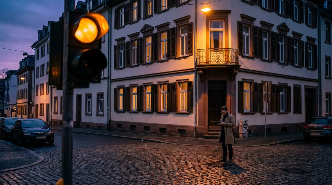 Straßenszene in Berlin mit Wohnhaus und Ampel im Abendlicht, ein Spaziergänger blickt auf sein Smartphone