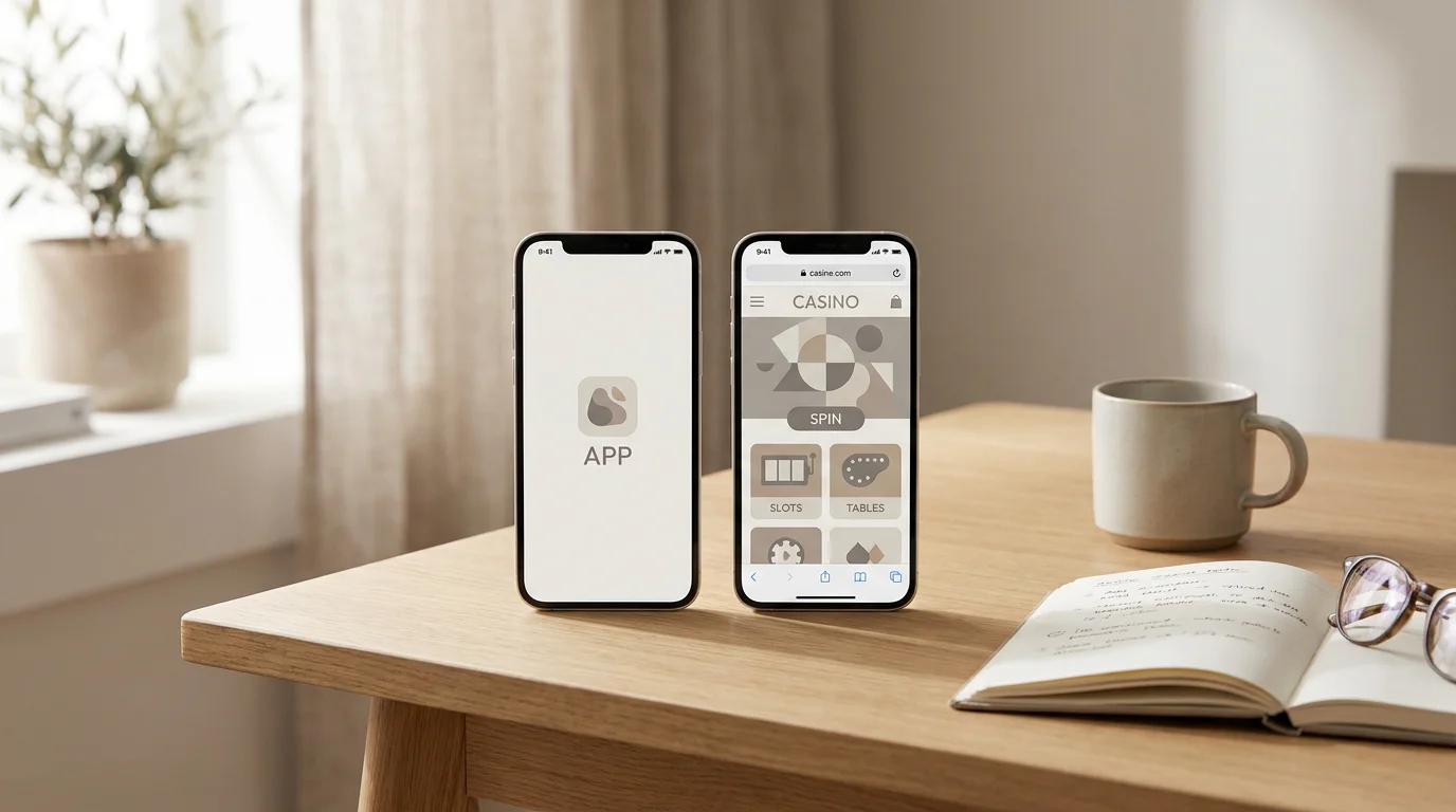 Zwei Smartphones nebeneinander, eines mit App-Icon, eines mit Browser-Tab
