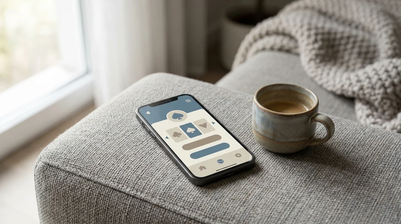 Smartphone mit geöffneter Casino-App auf einem Couchtisch, daneben eine Tasse Kaffee