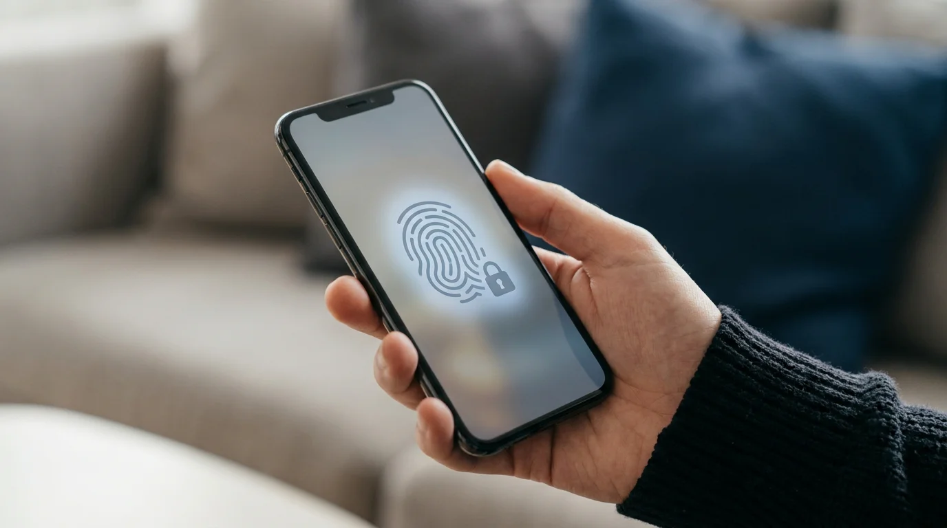 Smartphone mit Fingerabdruck-Symbol über dem Bildschirm, daneben ein Schloss-Icon