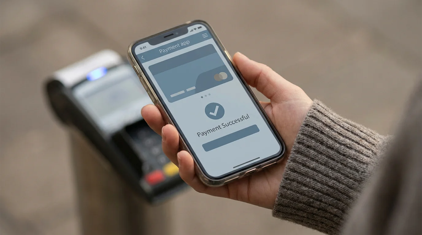 Nahaufnahme einer Handy-Bezahlung am Kassenterminal, übertragen auf mobiles Casino