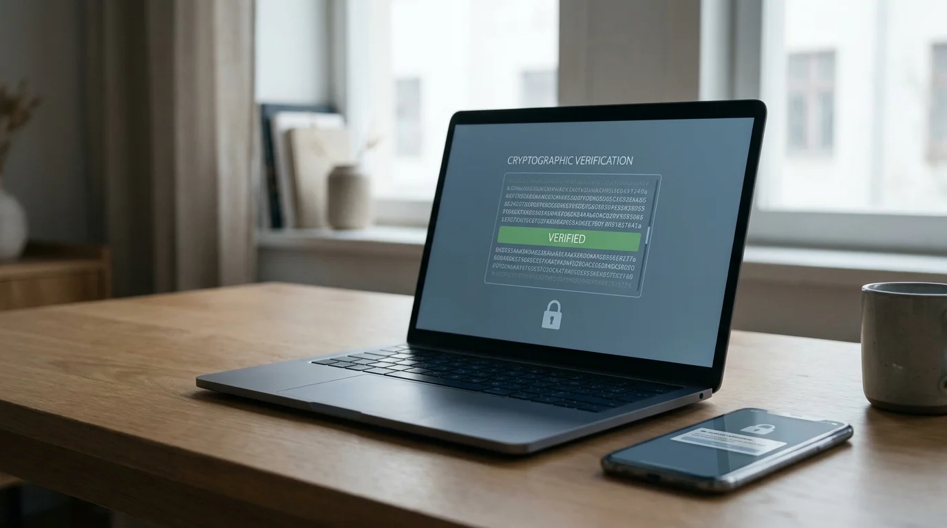 Laptop zeigt Krypto-Wallet mit Bestätigungs-Hash neben einem Spielbildschirm