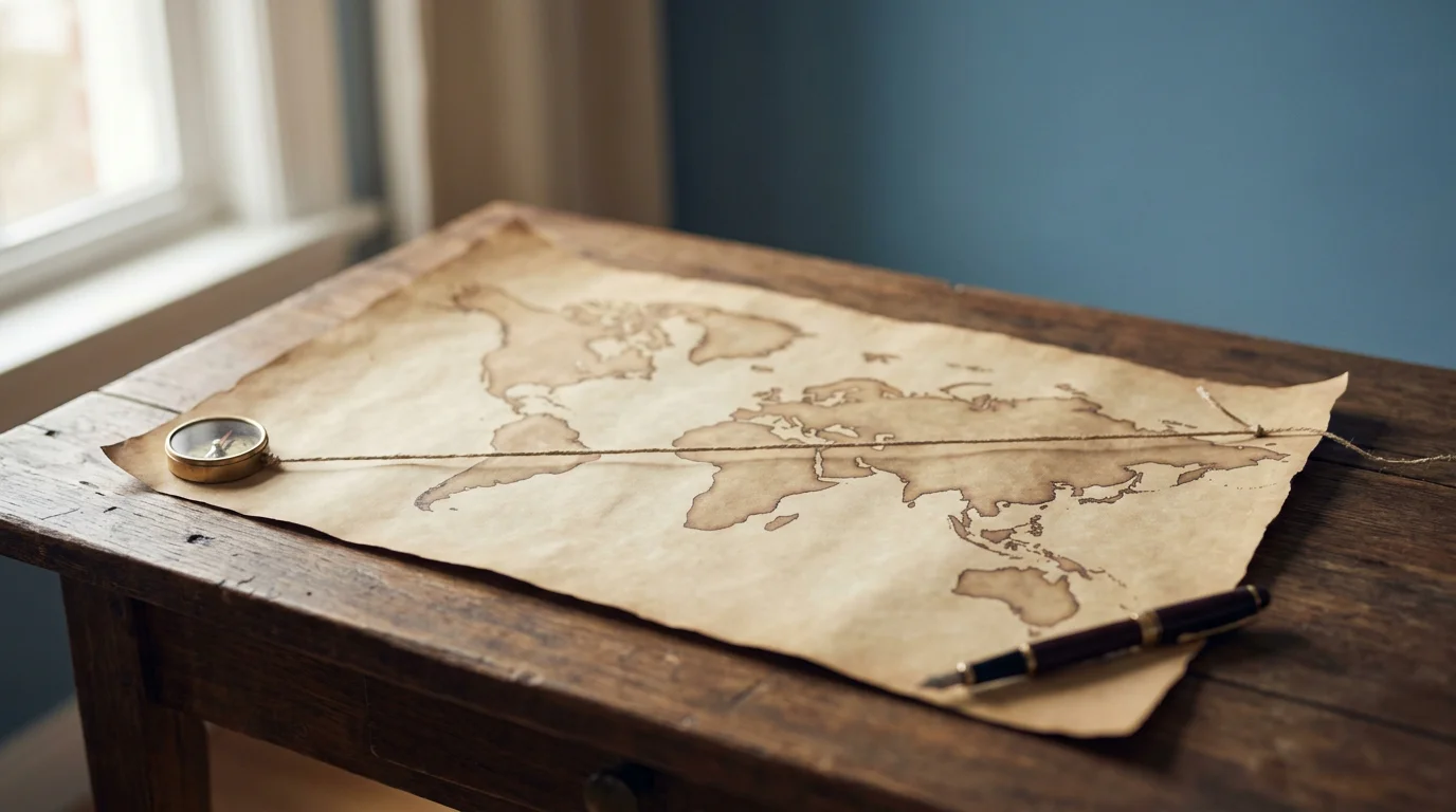 Weltkarte mit Symbolen für Curaçao und Deutschland und Verbindungslinien auf einem Schreibtisch