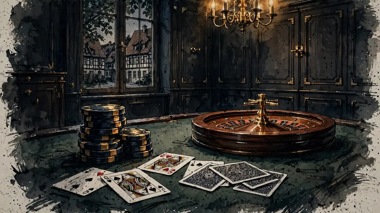 Stapel glänzender Casino-Chips neben einem Roulettekessel auf grünem Filztisch