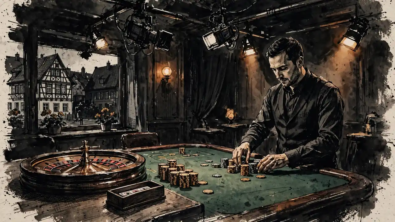 Croupier am Roulette-Tisch in professionellem Casino-Studio mit Studio-Beleuchtung und Kameras