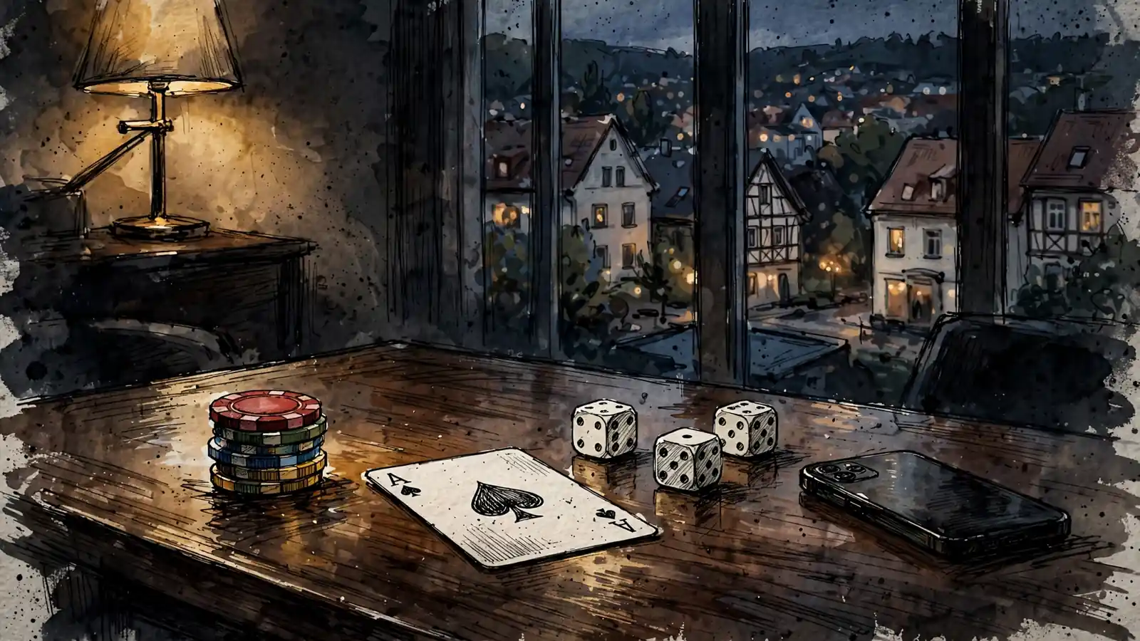 Stapel bunter Casino-Chips, eine Spielkarte und Würfel auf einem Holztisch bei warmem Lampenlicht.