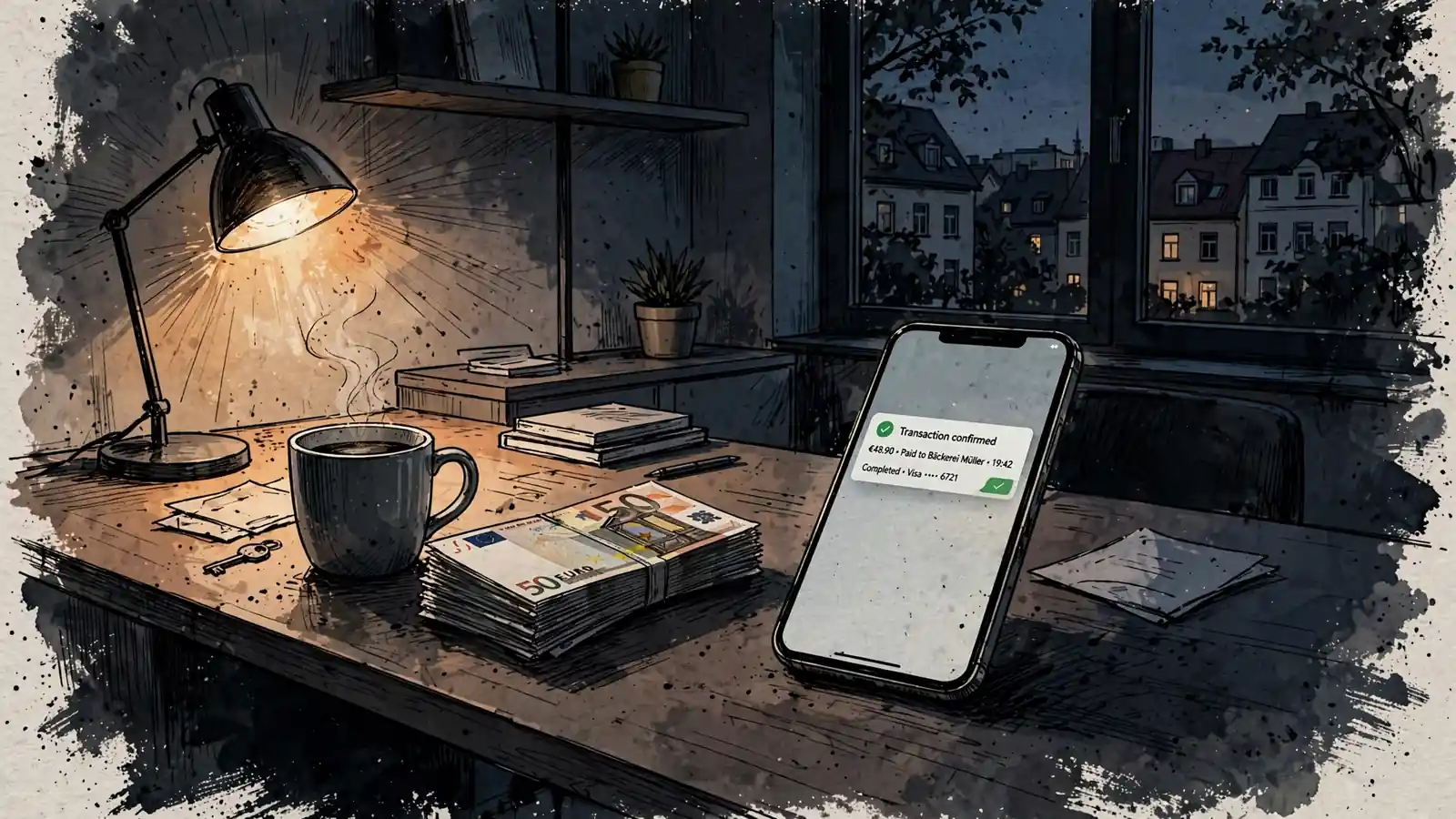Moderner Schreibtisch mit Smartphone und Euro-Banknoten bei warmer Lampenbeleuchtung.