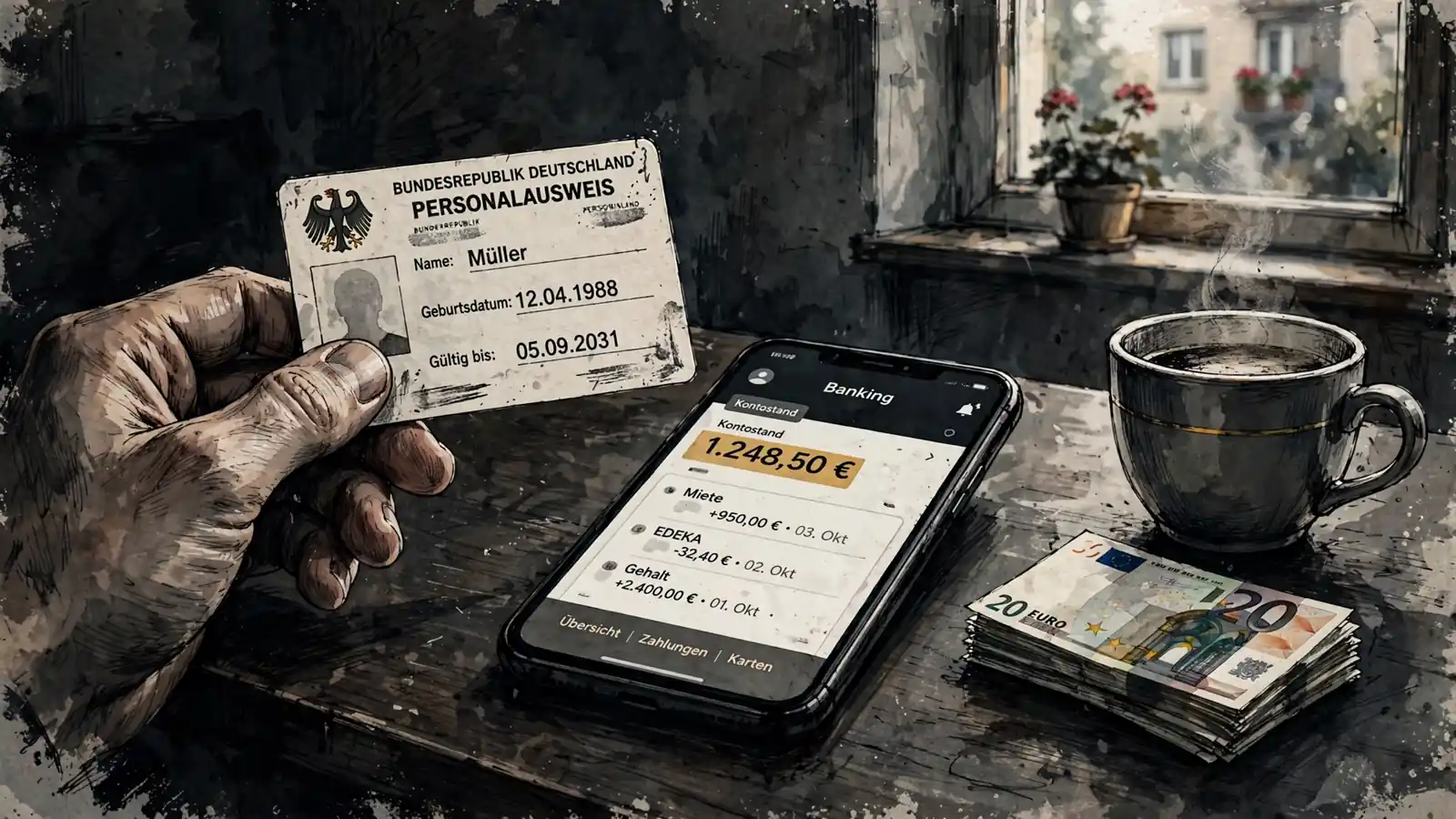 Hand mit Ausweis und Smartphone mit Banking-App auf Schreibtisch